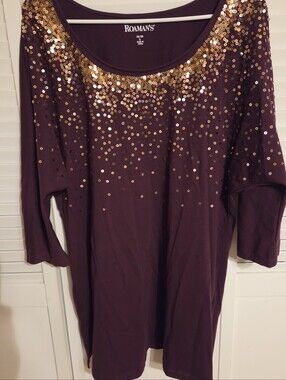 Roaman's Plum Sequin Scoop Neck Tunic with Gold Accents Plus Size 18/20